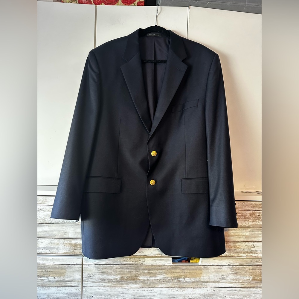 🧥 Ralph Lauren Men’s 44L Navy 100% Wool Blazer Gold Crest Buttons